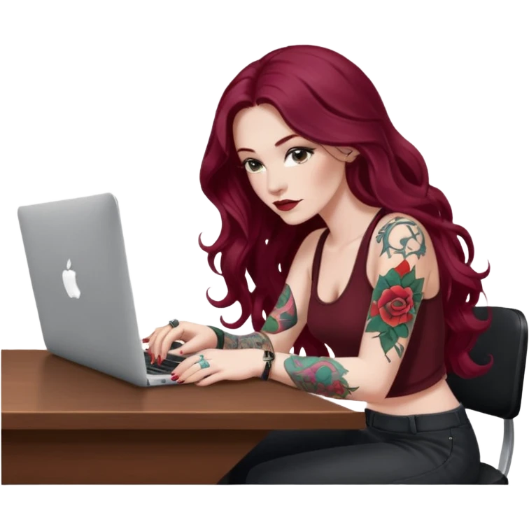 Realistic Macbook pro, side view of female, long burgundy wavy hair, pale skin, with tattoos, graphic designer, sitting at work desk with MacBook open, still view, emoji