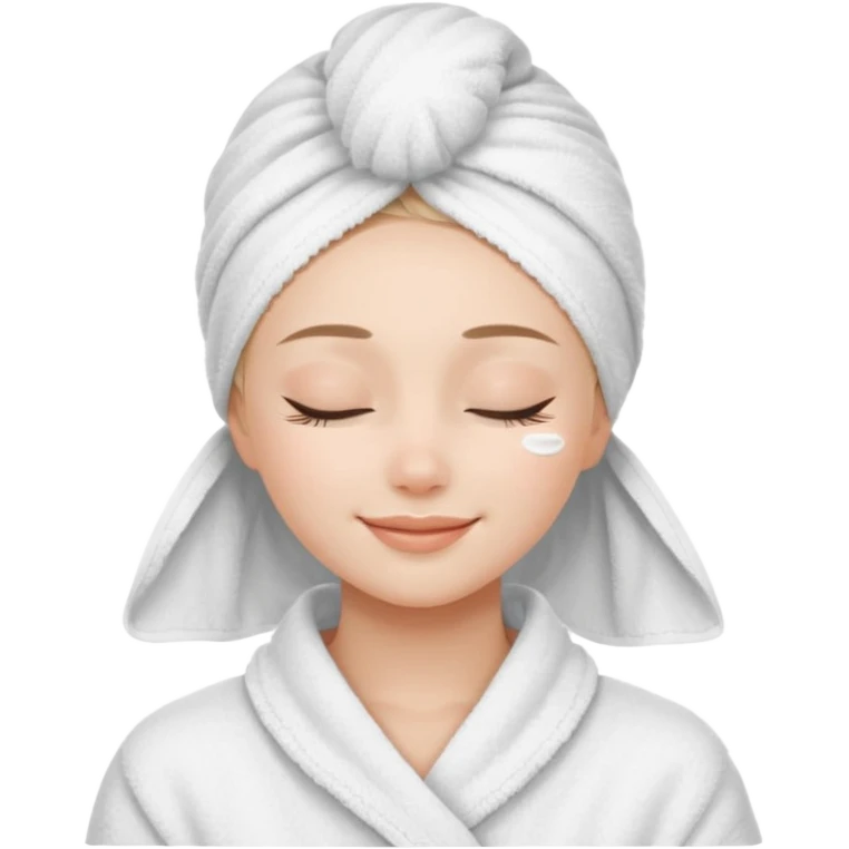 cute girl with her eyes closed and smiling, wearing a white spa towel as her clothes in she has a white spa towel on her head, white face skincare mask emoji