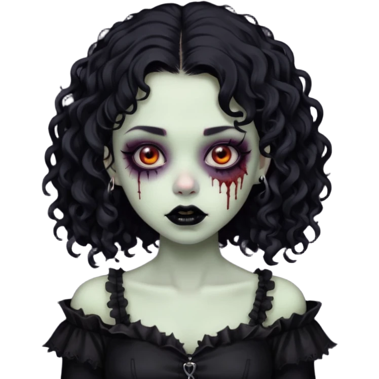 garota zombie com roupa gótica, batom preto e cabelos pretos e cacheados na altura do ombro emoji