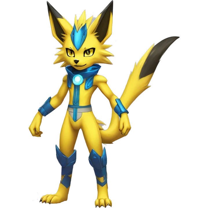 Yellow Anthro Edgy Cool Sonic-Zeraora-Anubis-Renamon-Jolteon-Pokémon-Fakémon with shiny blue markings Full Body Detailed High Quality  emoji