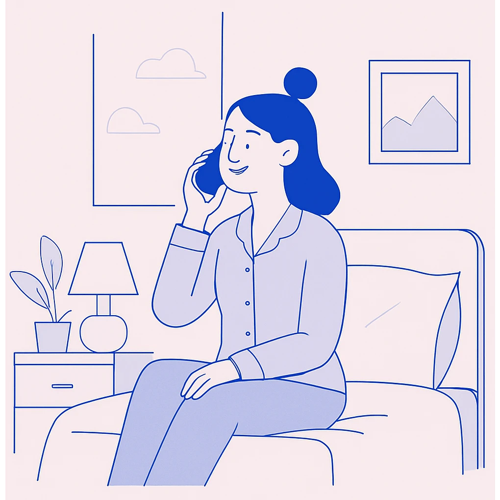 girl sitting on bed talking on phone in her bedroom emoji