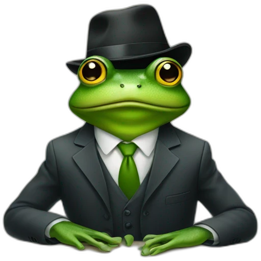 A frog wearing a suit looking straight sitting on a table and wearing a hat emoji