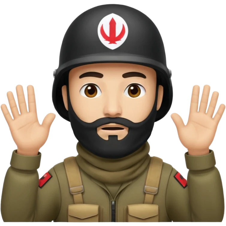 surrenders, depicts an Iraqi soldier from 1980, with a beard, in a helmet, with a balaclava, with a sad face and raised hands emoji