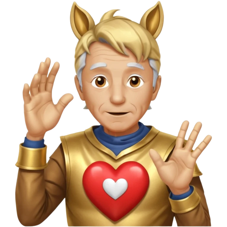 An elderly man with golden skin, his body shining like polished metal, wearing a horse cosplay costume with horse ears and a tail. He is making a heart shape with his hands and blushing slightly, showing a shy and embarrassed expression. emoji