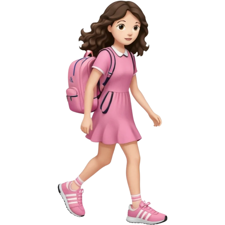 aestethic brunette very long wavy hair walking with a school backpack, with a cute pink dress, adidas shoes emoji