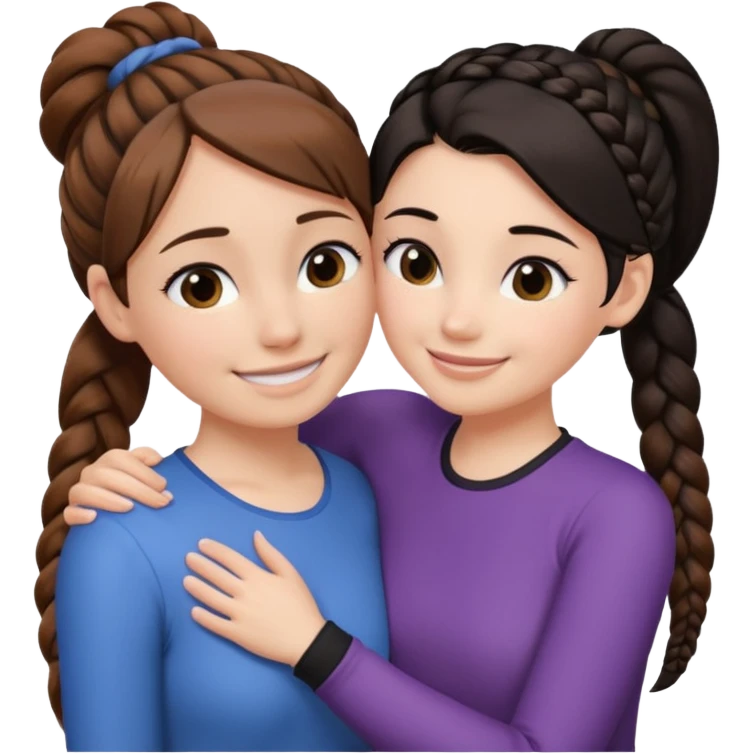 Comforting Hug two white skin women, one shorter woman with brown hair in top ponytail, not braided, and one taller woman with black hair in long side braid emoji