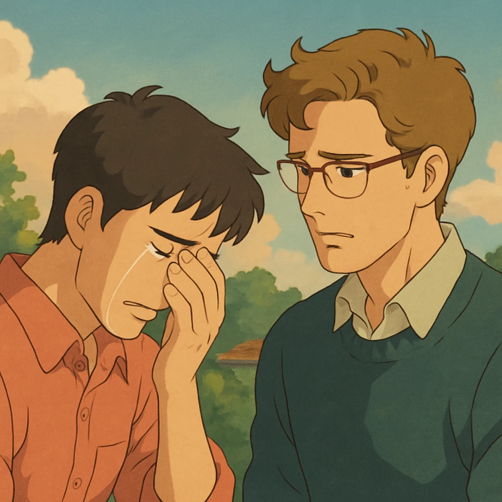 two men, gay couple, breaking up, emotional scene, in ghibli style emoji
