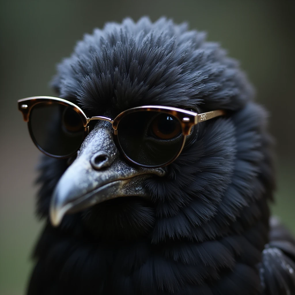 photorealistic black bird head with sunglasses, glossy feathers, lifelike details emoji
