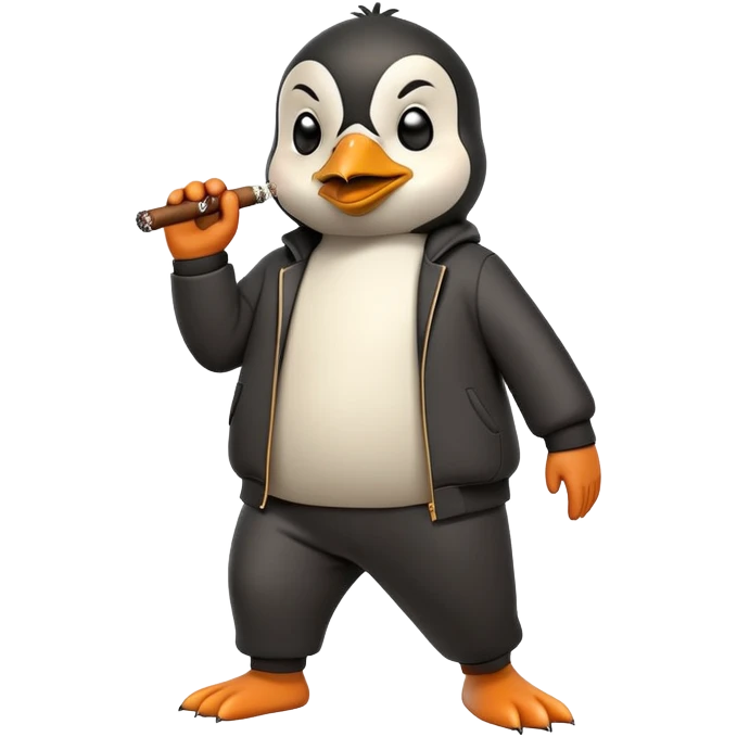 friendly anthropomorphised penguin wearing a mafia-style tracksuit, holding a cigar, secretive scheming pose, angry expression, stomping while walking emoji