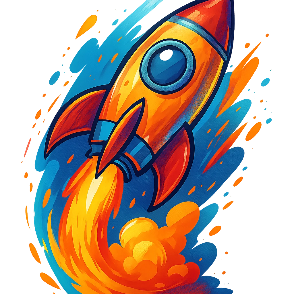colorful rocket ship blasting off, vibrant and dynamic, general style emoji