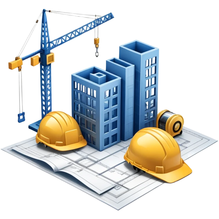 An icon featuring a blueprint, a hard hat, and a measuring tape, symbolizing architecture and construction. The design includes a building silhouette, cranes, and construction tools, representing the planning, design, and building processes. Transparent background. emoji