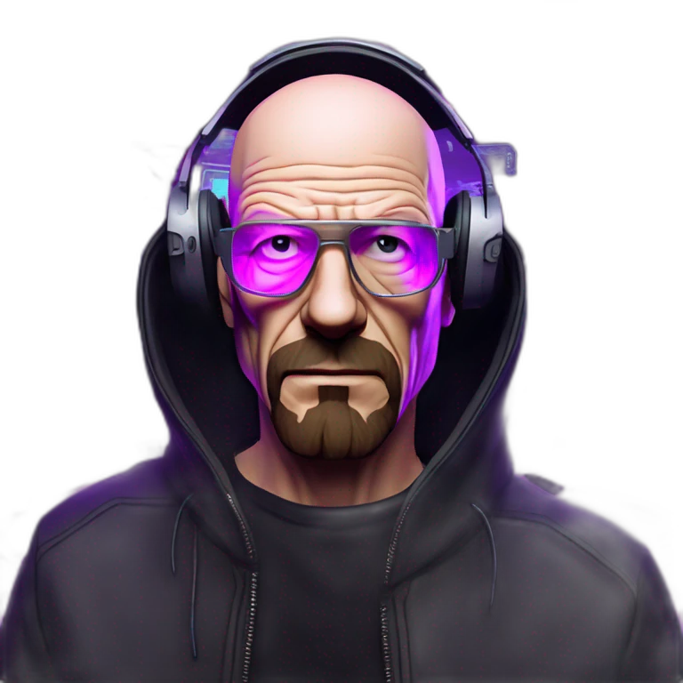 Walter White wearing a black hoodie with "OMG" letters on it and VR headset in a cyberpunk VR environment with violet neon lighting. emoji