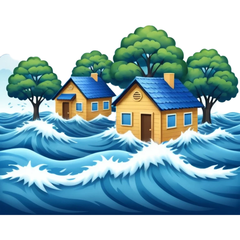 showing a flood disaster scene with powerful blue water waves overflowing around small houses and trees, dark cloudy sky, heavy rain falling, dramatic yet simple design emoji