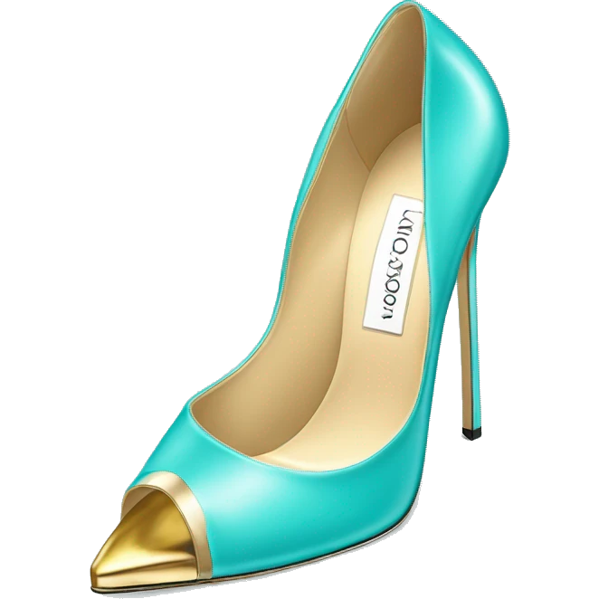 Hyper Realistic isolated top view of a pair of tiffany blue ,cream,and gold Jimmy Choo Stiletto High Heel fashion shoes. emoji