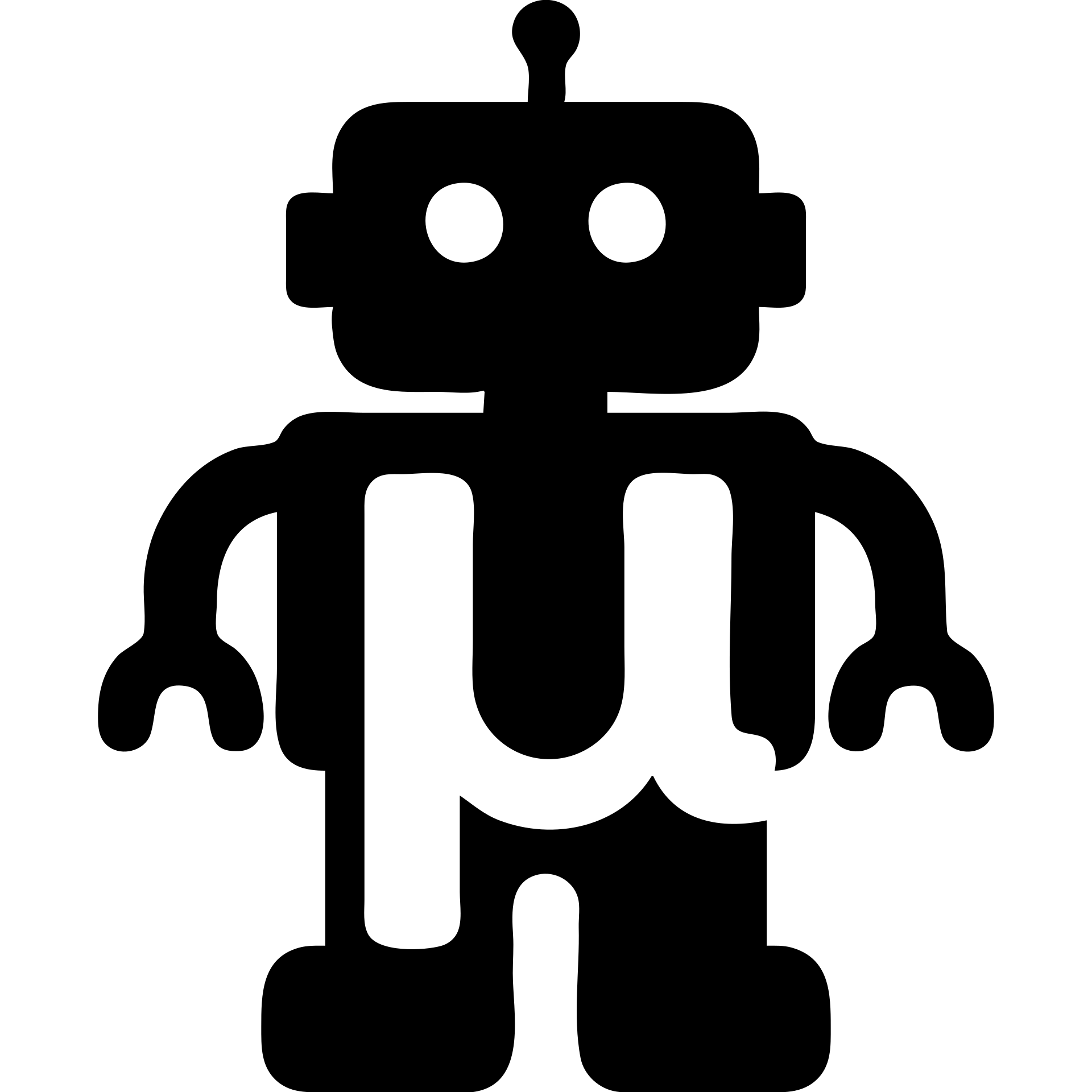 solid filled icon of a blue lowercase mu symbol with a toy-styled robot behind it emoji