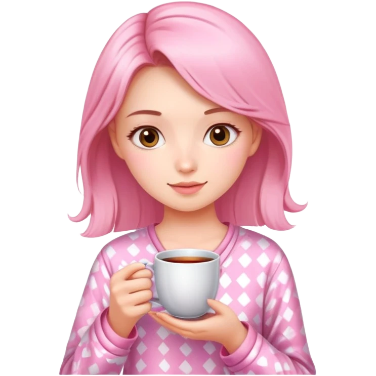 beautiful sweet girl in pink pajamas and tea in her hand  emoji