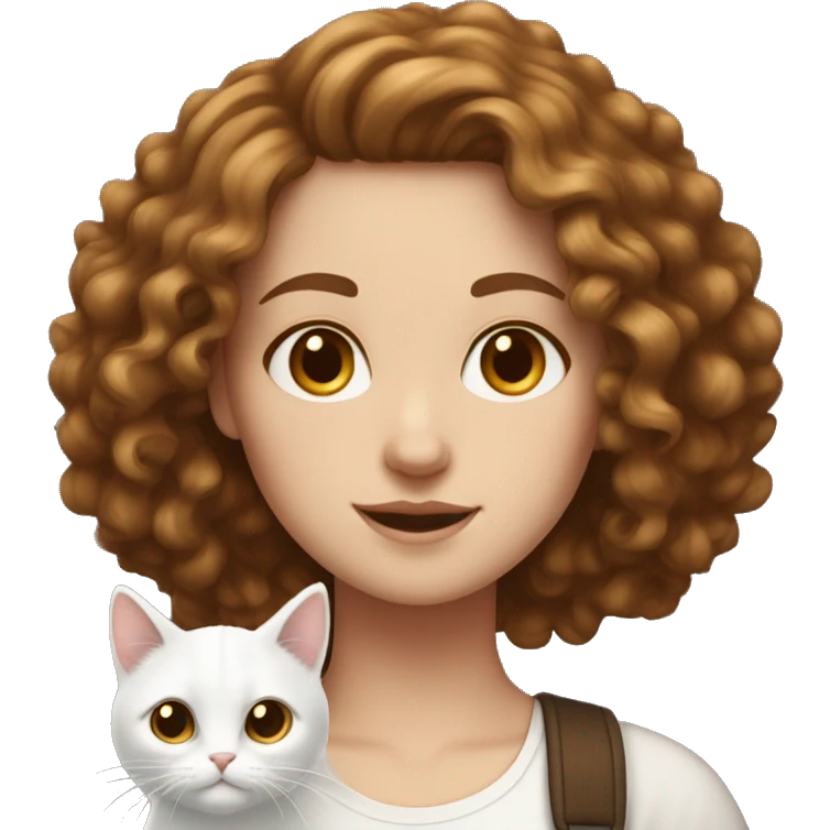 White girl with curly brown  hair and white cat  emoji