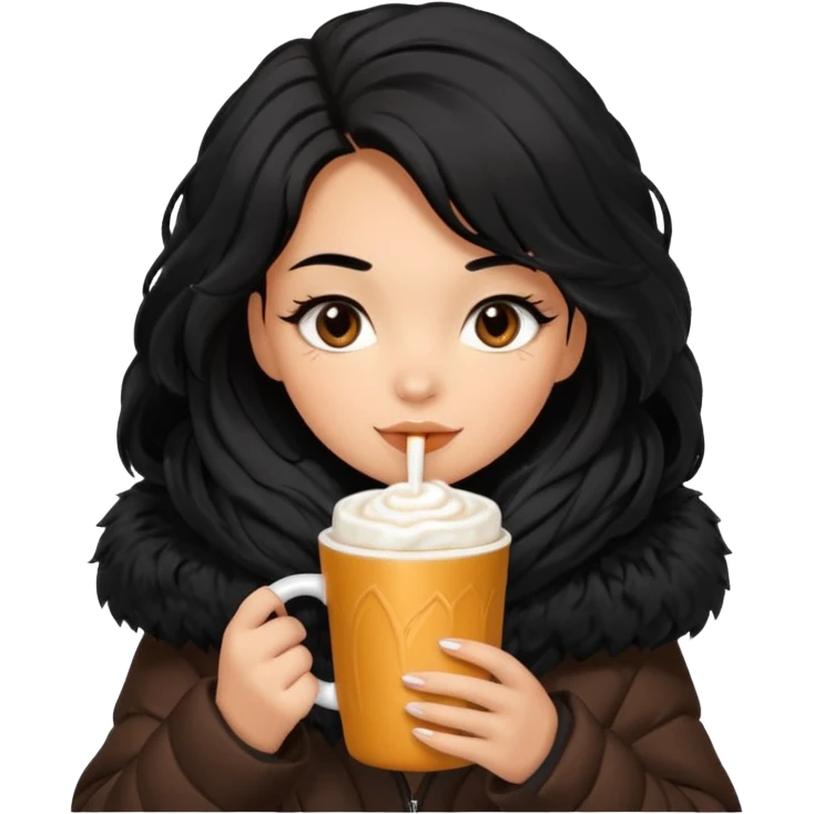 Tanned Girl with lashes , black hair, in an extremely big fluffy oversized jacket, and drinking hot chocolate drink emoji