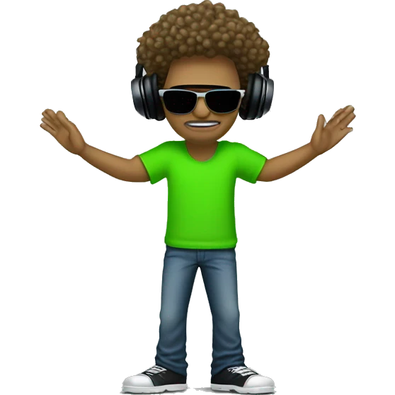 tall dj man with long frizzy hair, shades, headphones and an electric green shirt on that says “CHANTS” emoji