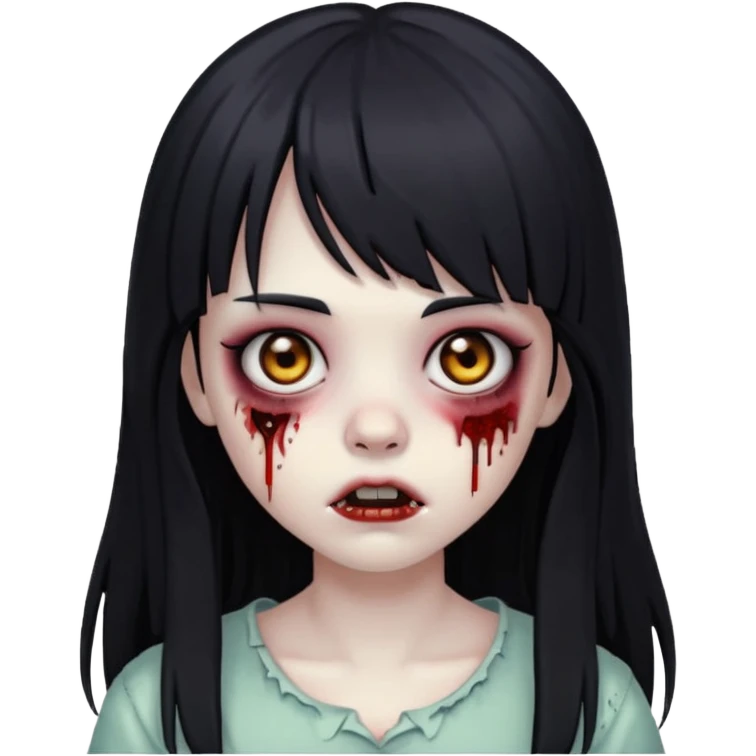 dark style zombie girl emoji with black eyes, long black hair and bangs emoji