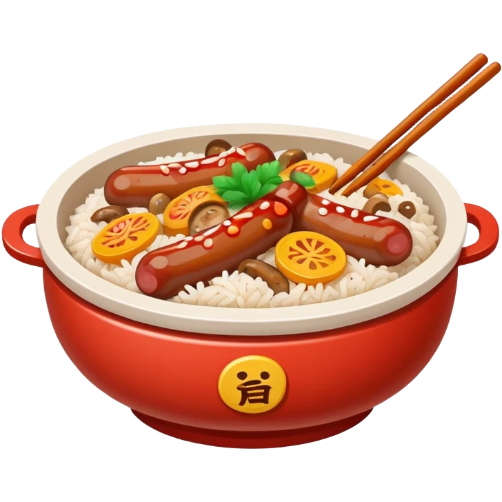 Guangdong clay pot rice with toppings and sauce, simplified emoji style with bold outlines and bright colors, cartoon style Cantonese Bo Zai Fan emoji
