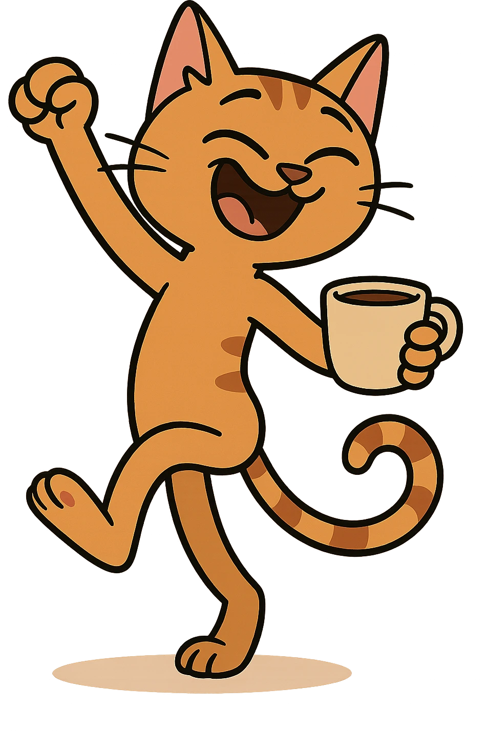 cartoon style dancing cat with a coffee cup, warm colors emoji