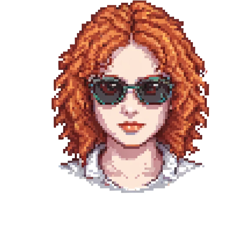 pixel art face with curly red hair and black sunglasses emoji