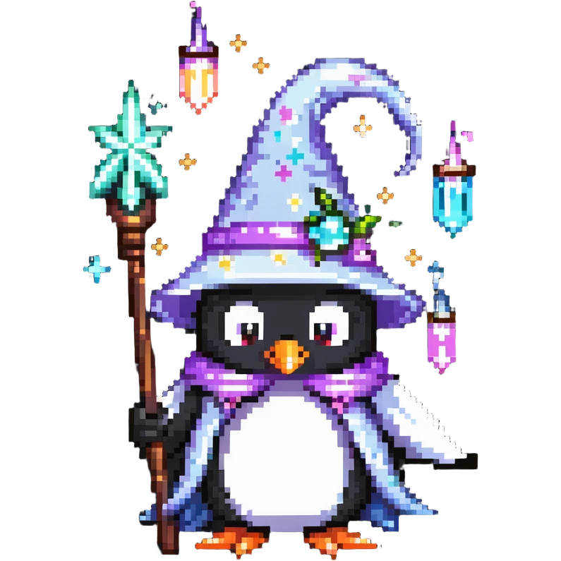 penguin wizard with magical sparkles, a unicorn, fairy, and tiny goblin companion emoji