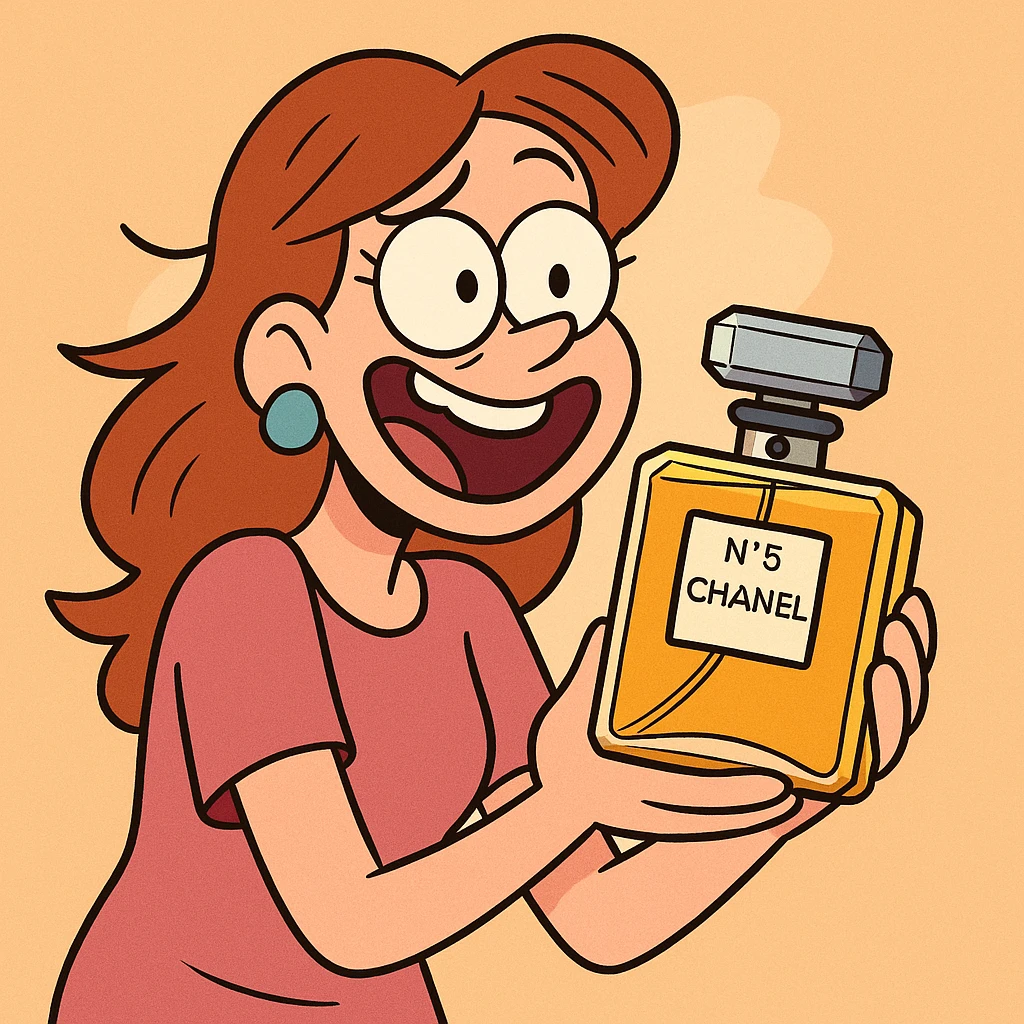 Chanel perfume bottle in cartoon style, exaggerated features, playful colors emoji
