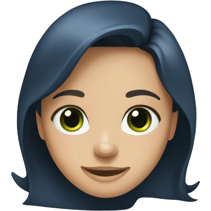 a brunette with long hair and green eyes in a dark blue blouse smiles sweetly emoji
