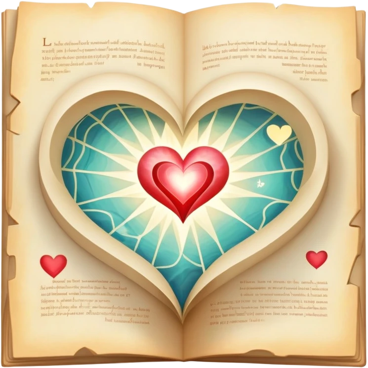 Magical glowing folded map with luminous heart pathways and ethereal light rays, symbolizing magical exploration of love patterns emoji