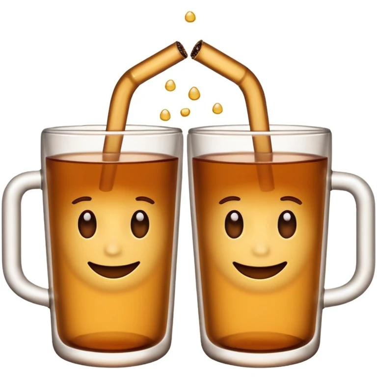 two brown mate teas in 500ml plastic cups clinking, emoji style, no cups, white background emoji