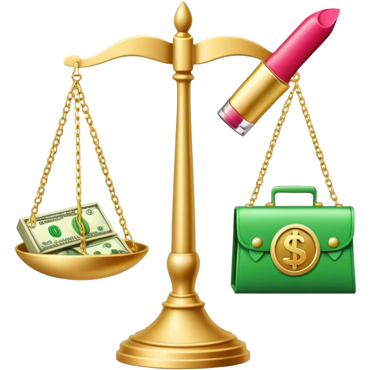 gold scale with green dollar bills on left side and lipstick and nail polish on right side emoji