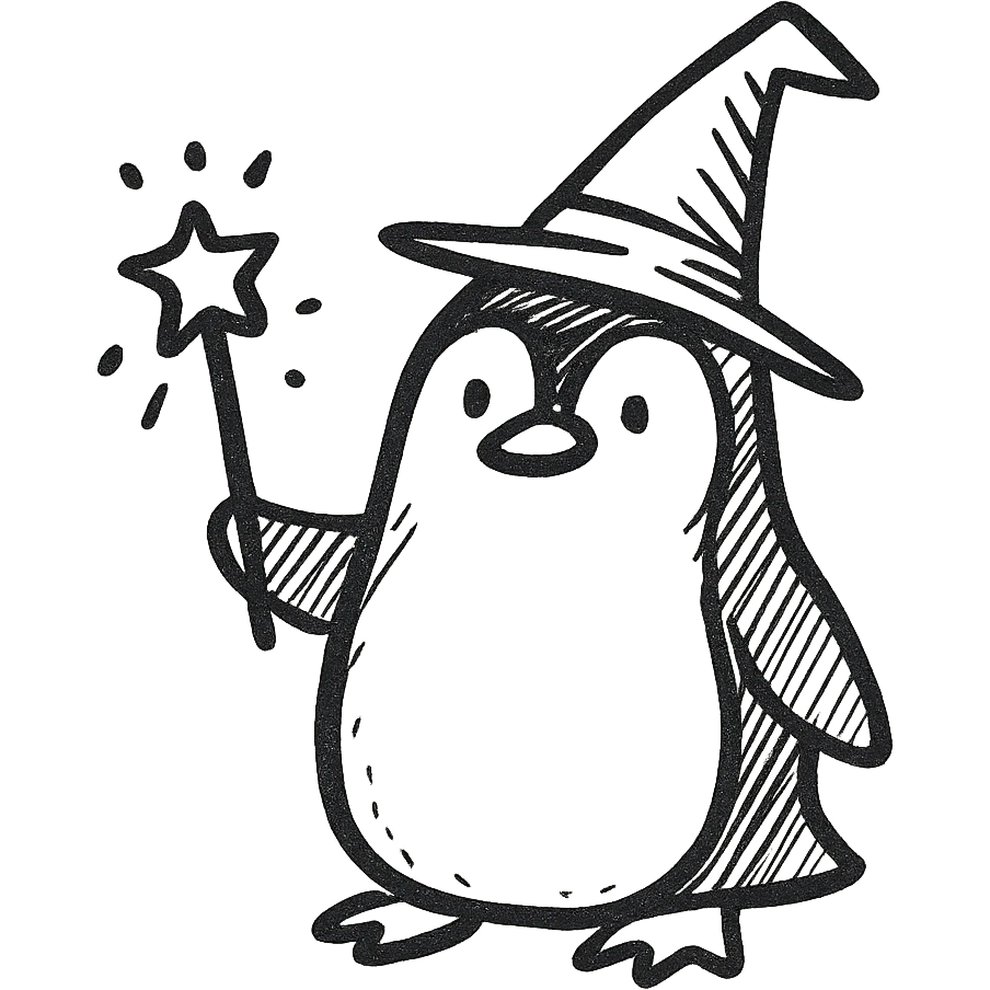 A penguin wizard with a pointy hat and a magic wand emoji
