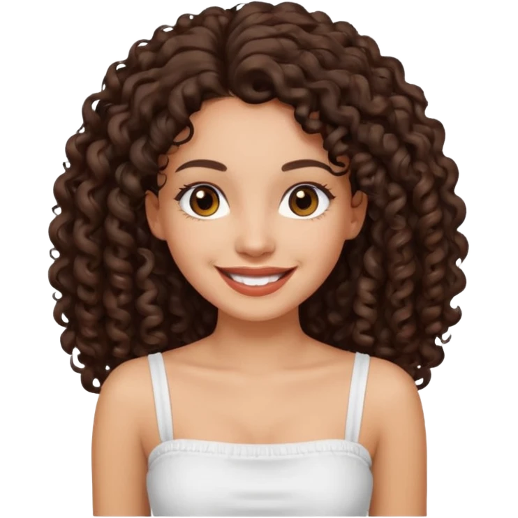 Woman with light skin and dark brown eyes and dark brown long curly hair and white tube top emoji