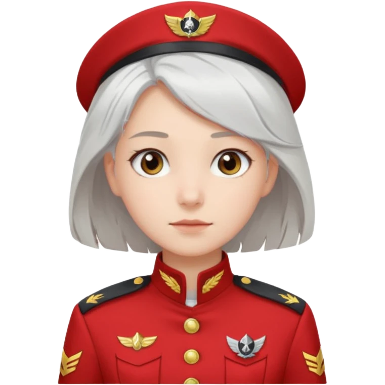 a girl with white loose hair, gray eyes maintains a calm expression on her face in a red captain's uniform to the waist emoji