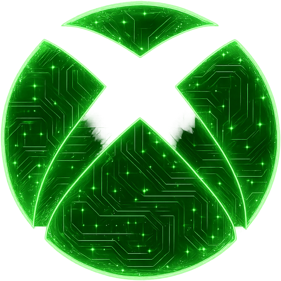 Transform the Xbox logo into a cyberpunk, holographic style with glowing neon green edges and intricate circuit patterns throughout the entire icon. Maintain the recognizable Xbox shape and keep the main color green, overlaying neon and circuit effects in a futuristic, clean cyberpunk style with consistent glow and detailed circuits. The background should be transparent. emoji