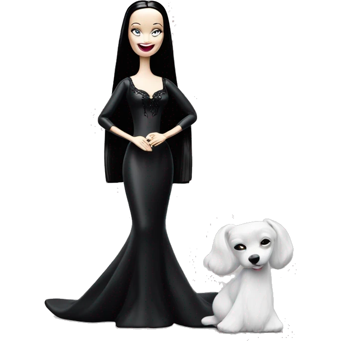 Morticia Addams Barbie at home. Smiling. Filmy nightgown . Very Pale-white porcelain skin.  emoji