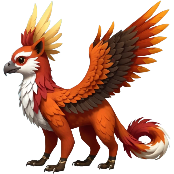 4-legged realistic digitigrade scaly winged long-big-beaked Gryphon-Griffin-Griffsnuff-Talonflame-Silvally-Braviary-Red-Panda-fusion-hybrid-animal-Fakémon-creature, full body, with a long thin tufted lion-tail, long big tufted winged feathery ears emoji