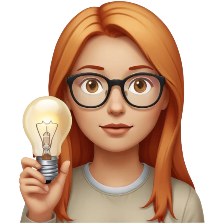 intelligent and clever, 30 year old, girl, long red and almost blond hair, glasses, has an brillant idea, light bulb over the head, casual cloth  emoji