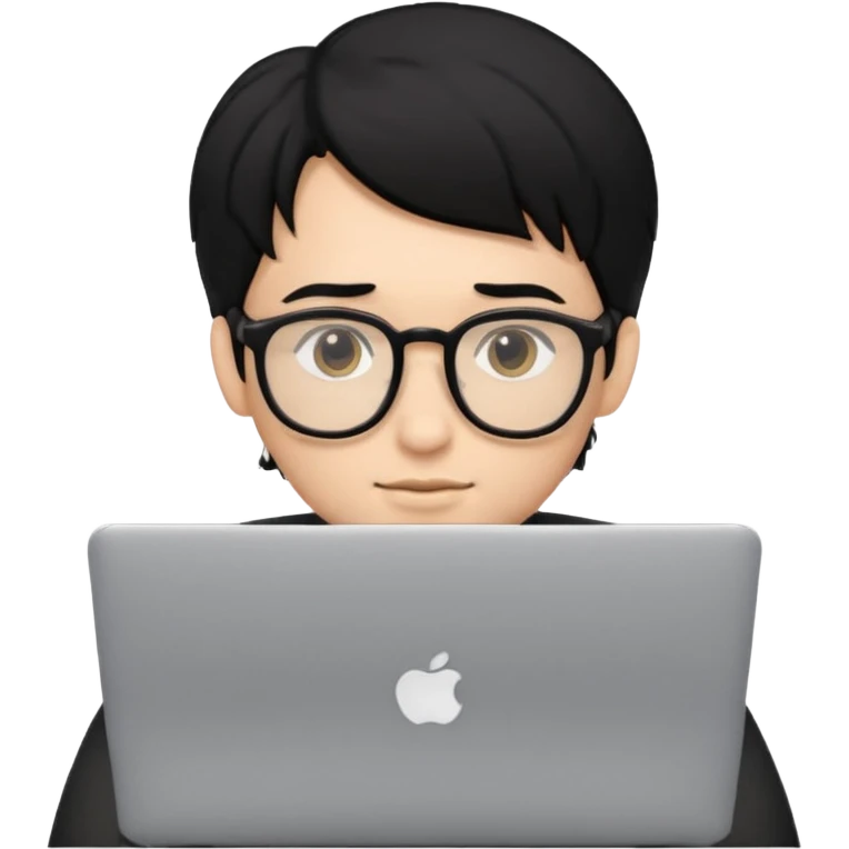 Guy with 3 inch long black hair and glasses on his laptop emoji