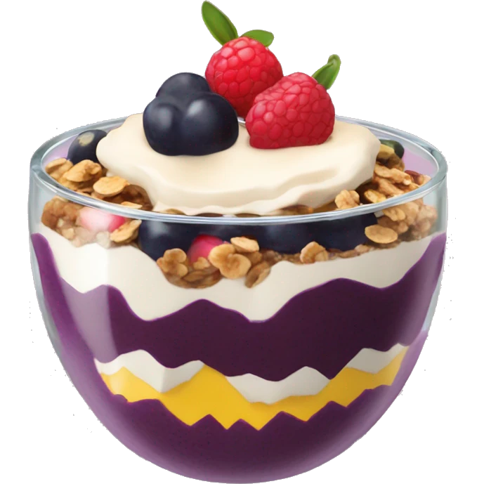 Açaí in a clear cup with layers of fruits and granola and condensed milk emoji