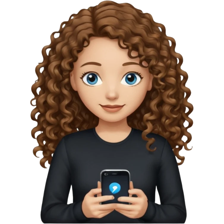 generate a pretty woman with blue eyes, light skin and medium brown long wavy/curly shiny hair holding a phone she is looking at the phone while looking down at the screen. she is wearing an ALL black long sleeve emoji