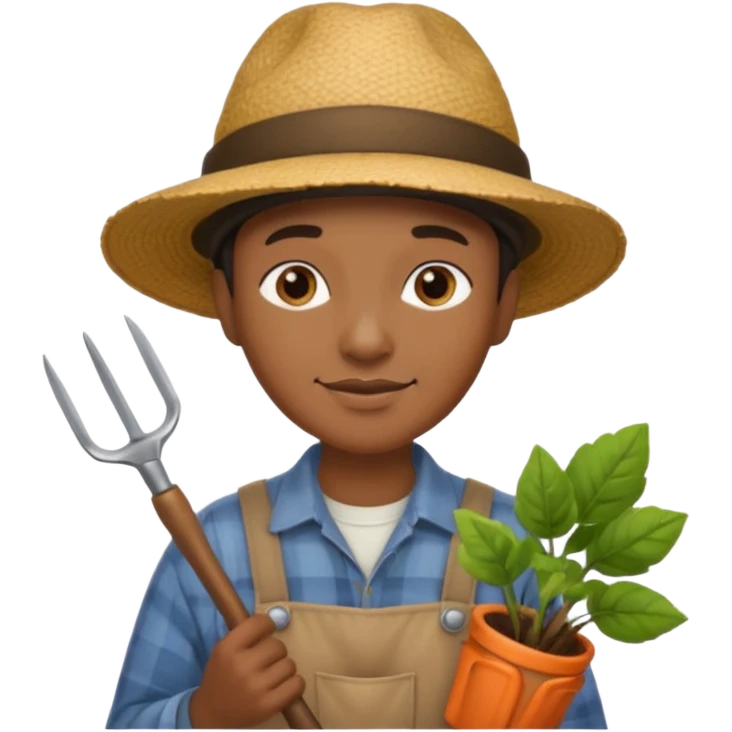black gardener holding gardening tools, with hat emoji