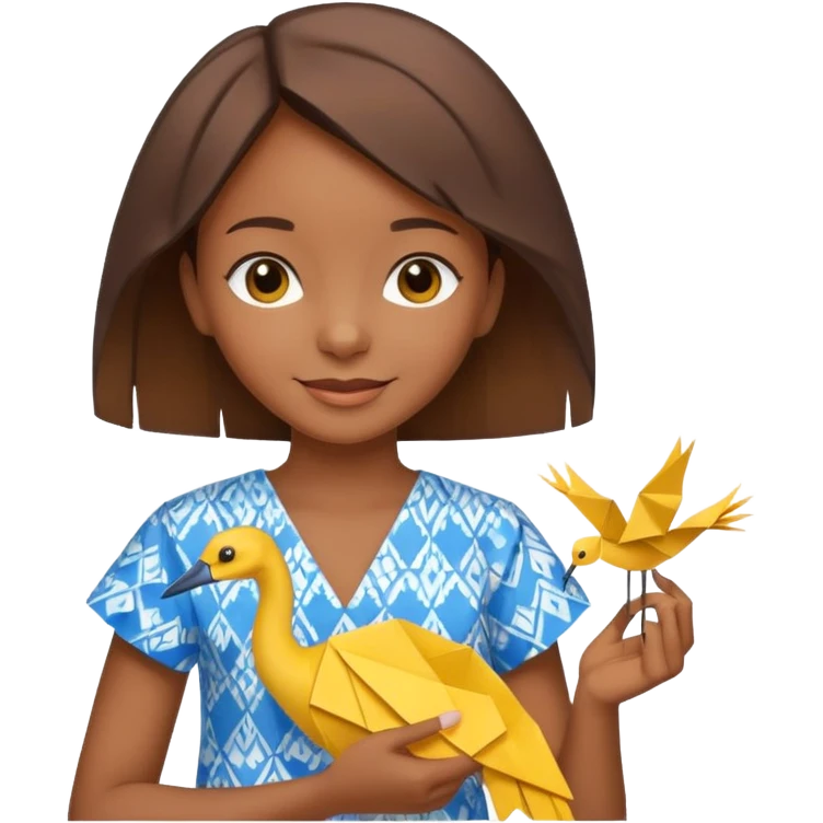 happy-african-young-girl-with-brown-hair-in-a-white-colorful-vintage-kanga-shirt-holds-an-origami-yellow-and-blue-crane emoji