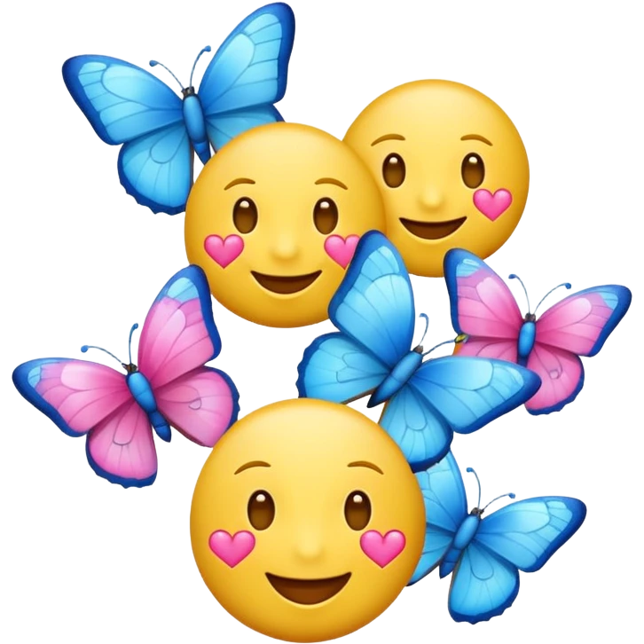 happy emoji face with pink hearts and blue butterflies around it emoji
