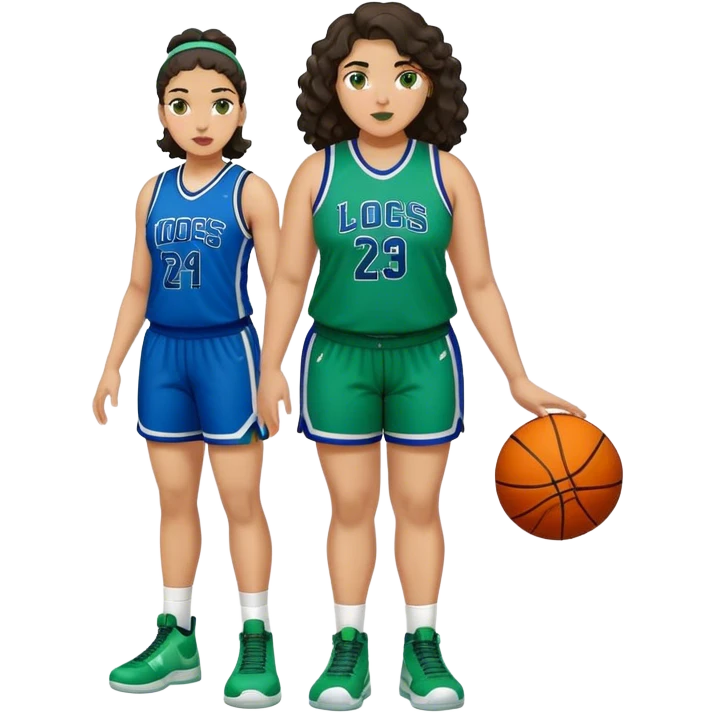 full body plus size light skin latino women basketball player with wavy dark hair large wide nose wearing blue with green uniform emoji