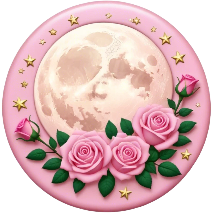A round pink button with light cream damask lace, a full moon and stars and pink roses in the center emoji