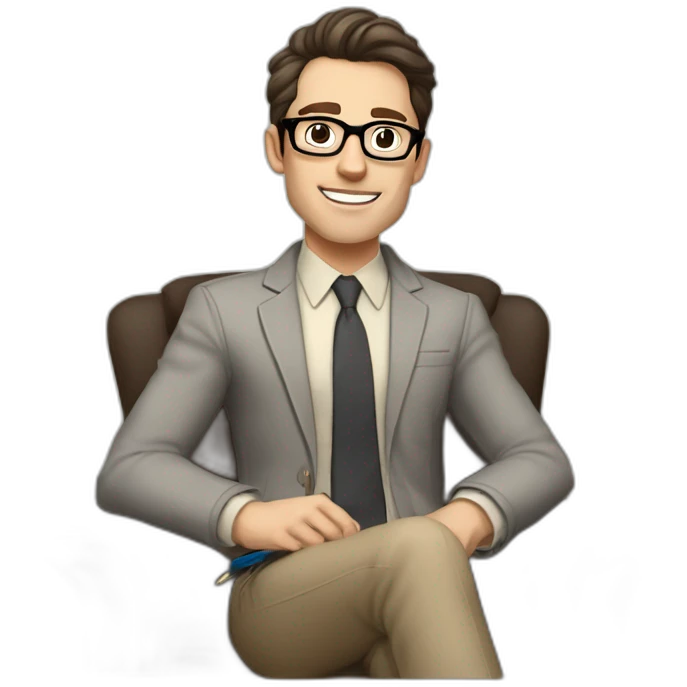 Pale skinned Fit Man With dark brown hair in gray jacket, beige office shirt, Brown pants and vintage glasses sitting In a soft chair with a notebook on spring with emblem Ψ and a pen emoji