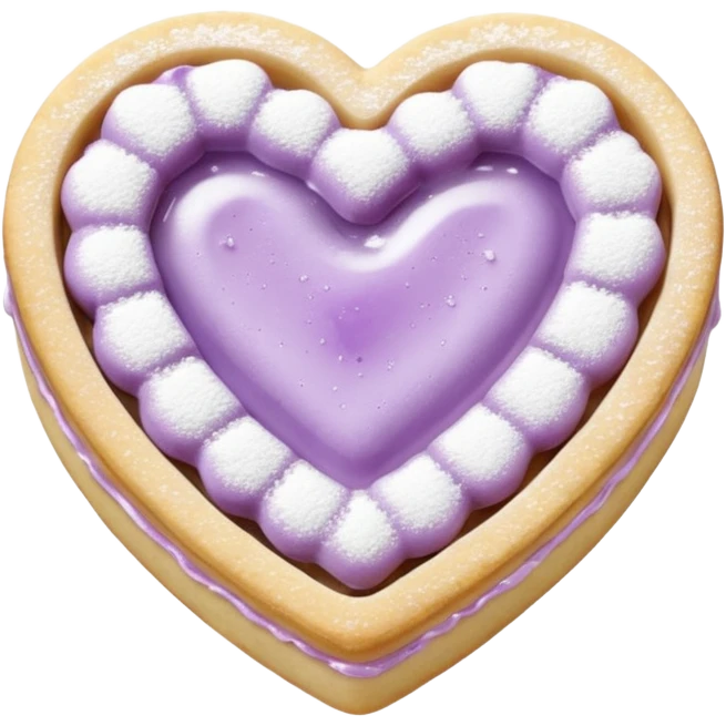 Realistic shortbread cookie in the shape of a heart with pale lilac color jelly middle filling and sprinkled powder sugar on top. emoji